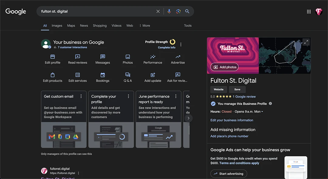 Screenshot 2024-07-14 at 2.11.52 PM copy Screenshot of Fulton St. Digital Google Business Profile