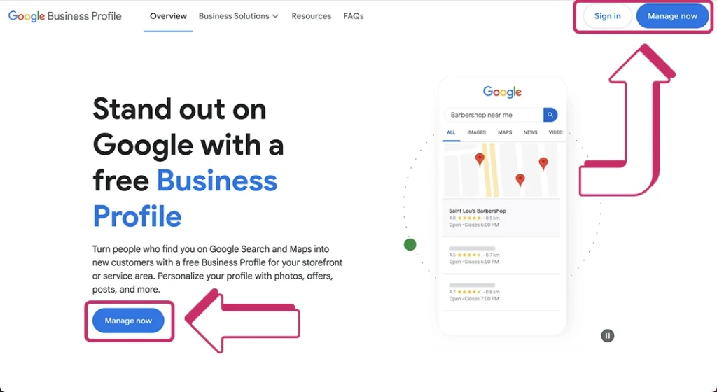 Google Business Profile homepage with arrows pointing to buttons you need to press to get started